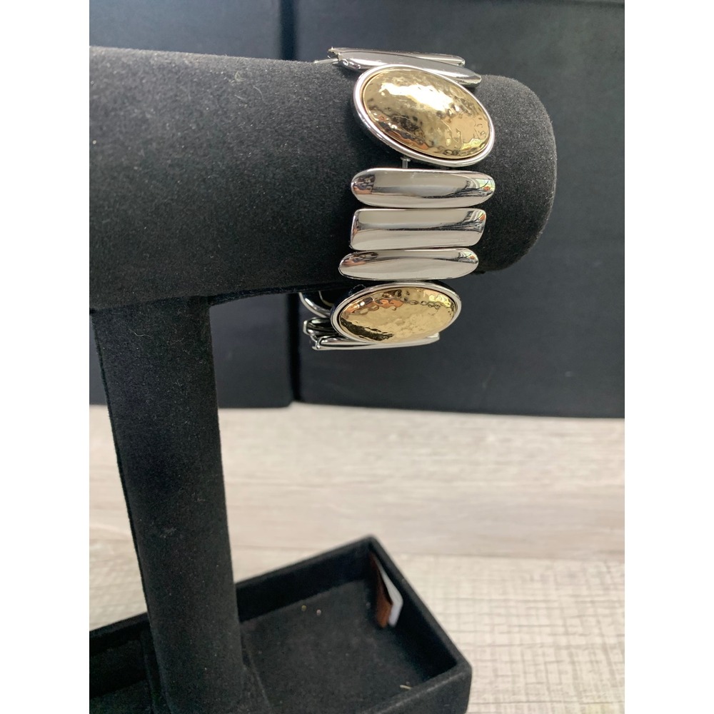 Chunky Two Tone Hammered Gold and Silver Tone Stretch Statement Bracelet